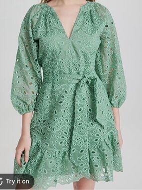 Shoshanna Women's Sage Eyelet Lace V-Neck Dress size 12 Adelia eyelet blouson-sl
